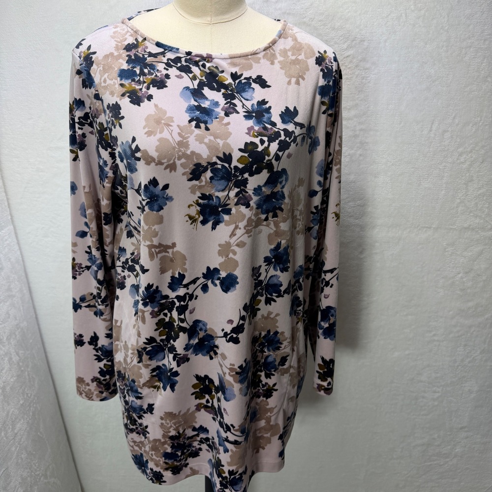 Pure Jill Pink Navy Beige Floral Velour Tunic Top Medium Long Sleeve